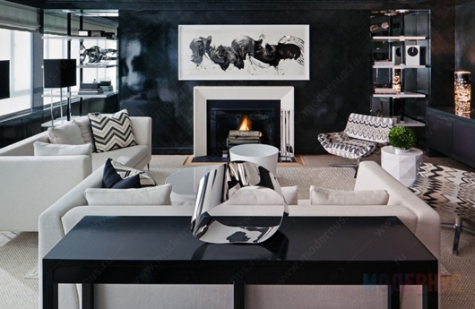 Черно-белый дизайн интерьера с яркими акцентами фото 5