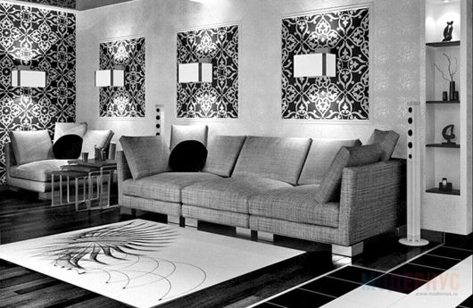 Черно-белый дизайн интерьера с яркими акцентами фото 8