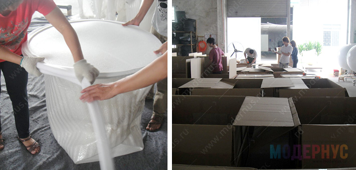 Цех упаковки готовых реплик дизайнерской мебели на фабрике Hua Yu Furniture Ltd в Китае