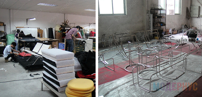 Пошив кожаной обивки реплик дизайнерской мебели на фабрике Hua Yu Furniture Ltd в Китае