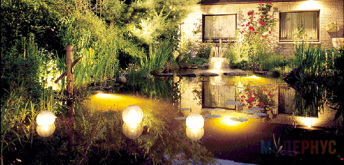 Вариант подсветки искусственного водоема в саду